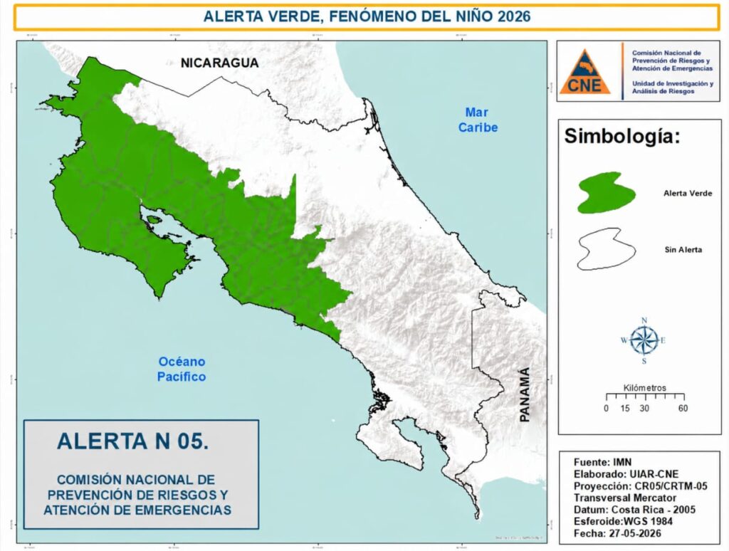 Gráfico informativo de la CNE sobre la declaración de Alerta Verde en 49 cantones de Costa Rica debido al Fenómeno de El Niño